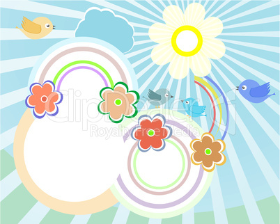 Good weather background. Blue sky with clouds, birds and flowers