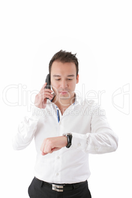 Businessman look his watch, isolated on white