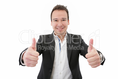 Smiling young business man thumbs up, isolated on white. Focus o