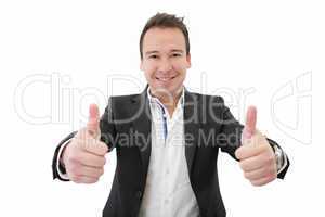 Smiling young business man thumbs up, isolated on white. Focus o