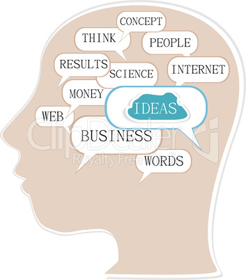 silhouette of a man head with colorful business idea text balloons