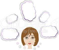 Young girl head thinking about white clouds set