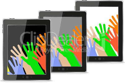 Hands on the tablet pc computer set. Isolated on white background