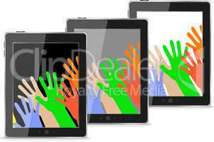 Hands on the tablet pc computer set. Isolated on white background