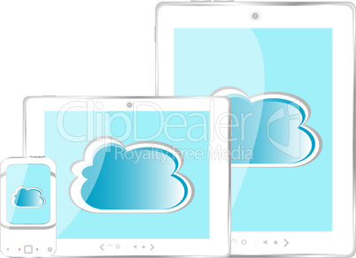 Tablet pc and mobile phone set with abstract cloud isolated on white