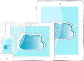 Tablet pc and mobile phone set with abstract cloud isolated on white