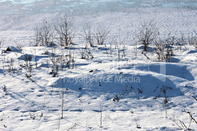 Frozen and snowbound pond shore in winter day