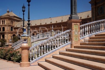 View of the stairs of the Plaza of Spain in Seville