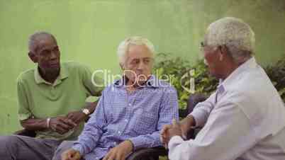 Group of old black and caucasian men talking in park