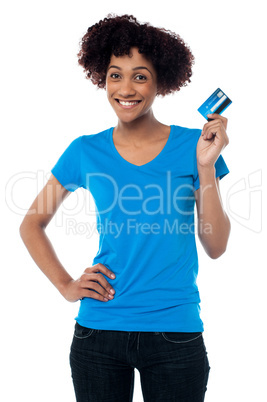 Beautiful female mode hlolding up cash card