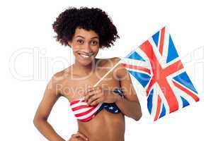 United Kingdom supporter in American flag bikini
