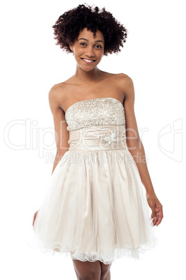 Cheerful glamorous model in white frock