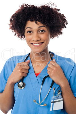 Lady physician with stethoscope around her neck