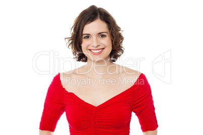 Smiling pretty woman in fashionable red top