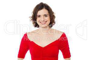 Smiling pretty woman in fashionable red top