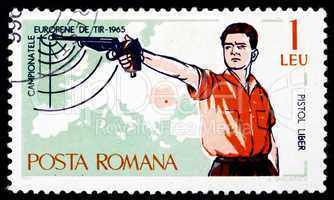 Postage stamp Romania 1965 Free Pistol and Map of Europe