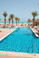 Swimming pool at the beach of luxury hotel, Saadiyat island, Abu