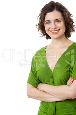 Confident woman towards the corner of a frame