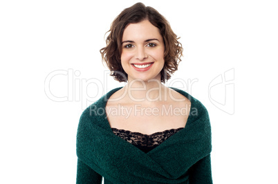 Pretty smiling model wearing trendy pullover