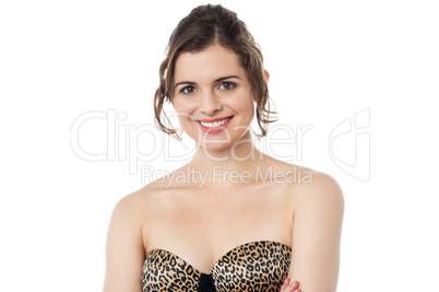 Smiling woman wearing designer strapless brassiere