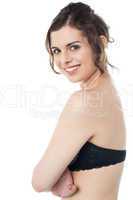 Stunning young model wearing trendy strapless brazier bra
