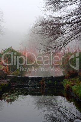 Small stream waterfall on a foggy winters day
