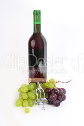 wine with grapes and a corkscrew
