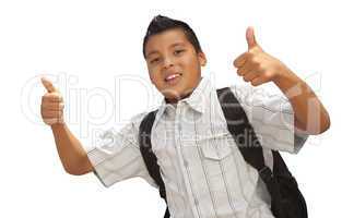 Happy Young Hispanic School Boy with Thumbs Up on White