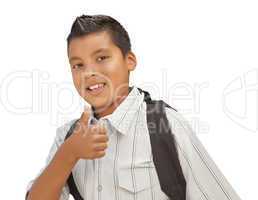 Happy Young Hispanic School Boy with Thumbs Up on White