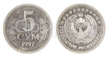 Uzbekistan old coin on the white background (1997 year)