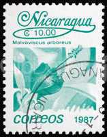 Postage stamp Nicaragua 1987 Turkcap, Malvaviscus Arboreus