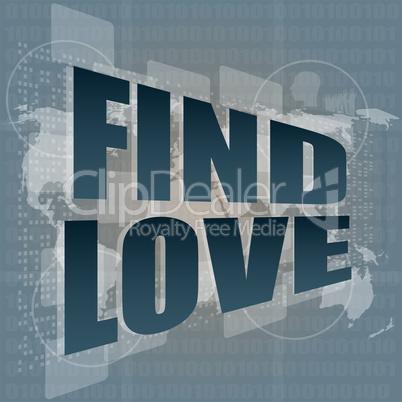find love word showing romance and love on digital screen