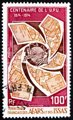 Postage stamp Afars and Issas 1974 Letters Around UPU Emblem