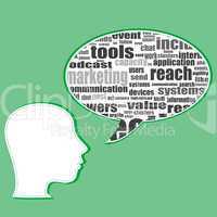Word cloud, tag cloud text business concept. Head silhouette with social words