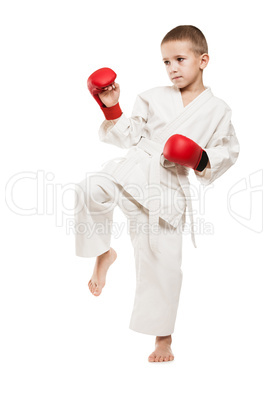 Child boy in kimono training karate