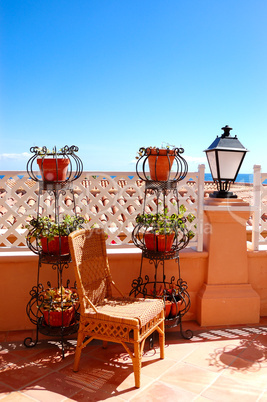 Sea view terrace decoration at the luxury hotel, Tenerife island