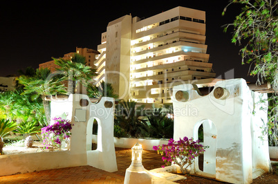 Night illumination of luxury hotel, Tenerife island, Spain