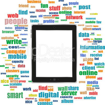 tablet pc in social media words, communication in the global computer networks