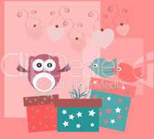 birthday party elements with cute owls, birds, hearts and flowers