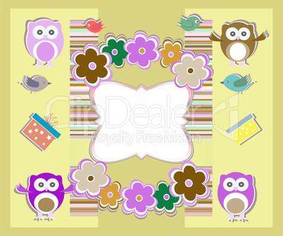 happy birthday card with cute owls, birds, flowers and gift box