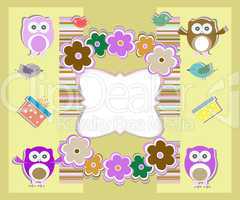 happy birthday card with cute owls, birds, flowers and gift box