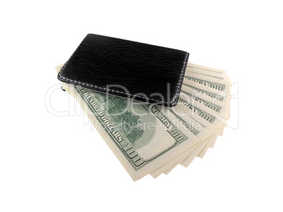 Black leather wallet with dollars white isolated