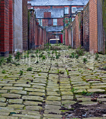 Looking down inner city cobblestone alley