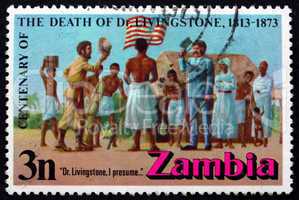 Postage stamp Zambia 1973 Stanley and Livingstone at Ujiji