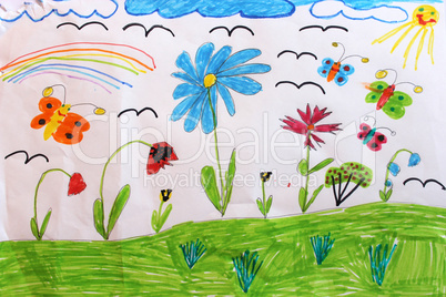 Children's drawing with butterflies and flowers