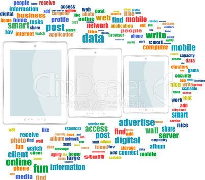business word bubble with tablet pc set. social network concept