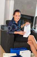 Cheerful woman sitting shopping bags sale buying