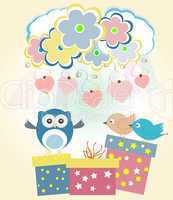 Background with heart, flower, owls, gift boxes and birds