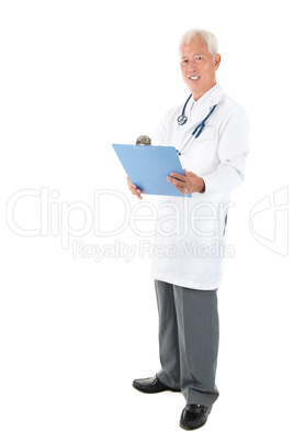 Full body Asian senior doctor reading medical report