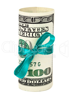 100 US dollar wrapped by ribbon over white background